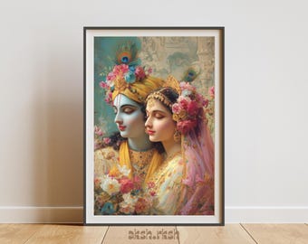 ラダ・クリシュナの壁アートプリント、神聖なヒンドゥー教のカップルの肖像画、スピリチュアルなインドの信仰のホームデコレーション、ロマンチックな寺院のアートワークデジタルダウンロード