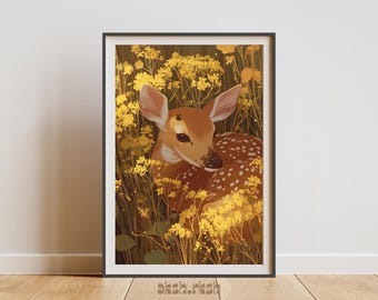 眠っている子鹿のウォールアート（印刷可能）、心地よい森の保育園アート、かわいい子鹿のイラスト、温かみのある自然のデジタルダウンロード