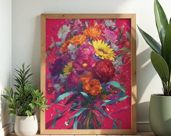 Colorful Floral Bouquet Wall Art Print, Vibrant Flower Illustration, Modern Botanical Decor, Digital Download Poster