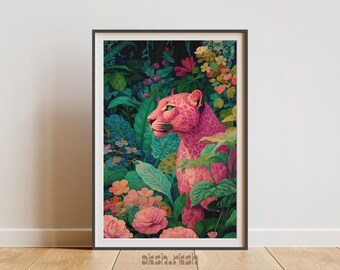 Pink Leopard Wall Art Printable, Colorful Jungle Animal Art, Tropical Botanical Leopard Illustration, Maximalist Boho Decor