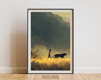 映画のようなジャングルのウォールアート（印刷可能）、少年とパンサーのイラスト、冒険野生動物の装飾、ストーリーブックファンタジーポスター、デジタルダウンロード