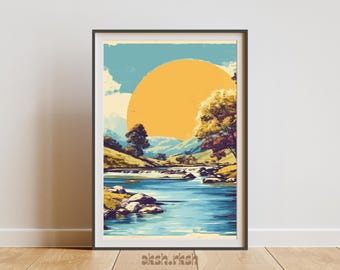 黄金の夕日と川の風景ウォールアートプリント、山の自然風景、暖かい田舎のホームデコレーション、印刷可能なデジタルダウンロード