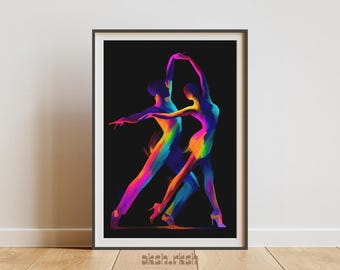 カラフルな抽象的なダンスウォールアートの印刷可能、現代の人物像アート、現代バレエカップル、デジタルダウンロード装飾