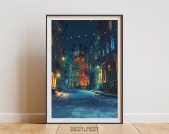居心地の良いヨーロッパの夜のストリートアート（印刷可能）、カラフルな街並みの壁アート、夢のような都会のイラスト、リビングルームの装飾用デジタルダウンロード
