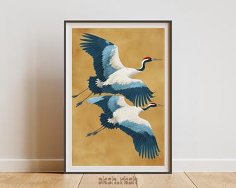 印刷可能な日本の鶴のウォールアート、飛翔する鶴のイラスト、日本の鳥のデコレーション、ミニマリストな野生動物のポスター、デジタルダウンロード