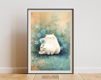 かわいい白猫のウォールアートプリント、花柄の猫のイラスト、水彩画の猫のポスター、コテージコアの保育園アート、パステル調の動物アートワーク