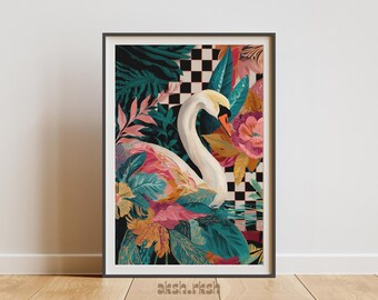 Svanblommig väggkonst utskrivbar, botanisk svanillustration, maximalistisk fågelkonst, färgglad väggdekor, digital nedladdning