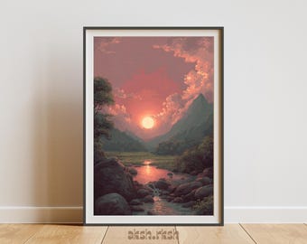 夢のような夕焼け風景のプリント可能な壁アート – ムーディーな山谷の自然イラスト、デジタルダウンロード
