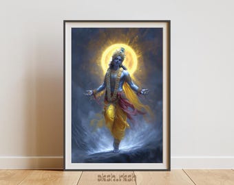 クリシュナのウォールアート（印刷可能）、ヒンドゥー教の神を描いたスピリチュアルなアートワーク、神聖なクリシュナのファンタジーイラスト、瞑想ポスター、インド神話の装飾