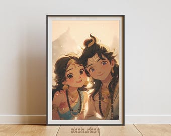 シヴァ・パールヴァティーのウォールアート（印刷可能）、神聖な愛のイラスト、可愛らしいスピリチュアルなヒンドゥー教アート、温かみのある黄金の祈りのデジタルダウンロード