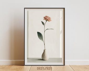 ミニマリストフラワーウォールアート（印刷可能）、ソフトニュートラルフラワーアート、Japandiスカンジナビアインテリア、モダンで落ち着いたデジタルダウンロード