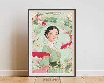 日本の鯉の女の子のウォールアートプリント、アジアのファンタジーポートレートイラスト、パステルグリーンの東洋風ホームデコレーションデジタルダウンロード