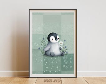 かわいいペンギンの保育園用ウォールアート（印刷可能）、赤ちゃん動物の水彩画、子供部屋のイラスト、パステルカラーの保育園の装飾、デジタルダウンロード