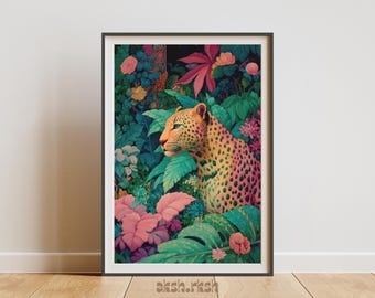 Leopard Wall Art Printable, Colorful Jungle Animal Art, Tropical Botanical Leopard Illustration, Maximalist Boho Digital Download