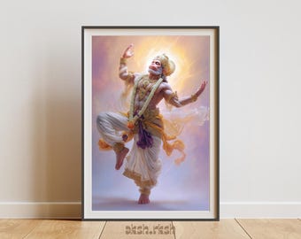 踊るハヌマーンの壁アート（印刷可能）、神聖なヒンドゥー教の神々のアート、スピリチュアルなハヌマーン・ジの装飾、瞑想室のポスター、宗教的なデジタルダウンロード
