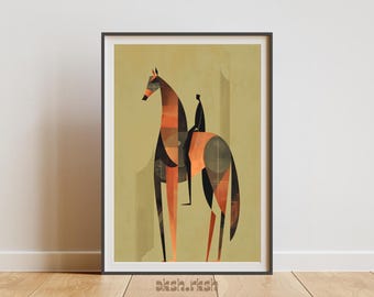 ミッドセンチュリーモダン馬壁アート印刷可能、抽象的な幾何学模様の馬のイラスト、レトロな乗馬装飾、デジタルダウンロード