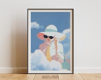 夢のようなファッションウォールアート（印刷可能）、雲の中の女性のイラスト、ソフトパステル調の美的アート、モダンなエディトリアルデジタルダウンロード