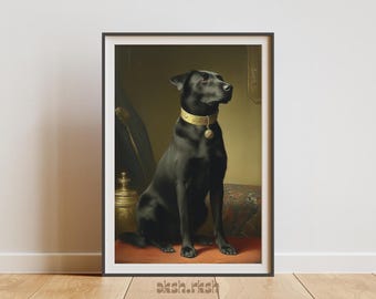 ブラックラブラドールの王室肖像画ウォールアート（印刷可能）、ヴィンテージ貴族風の犬の絵画、エレガントなペットアート（デジタルダウンロード）