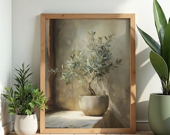 Olive Tree Wall Art Printable, Mediterranean Still Life Painting, Neutral Botanical Art, Minimalist Home Decor Digital Download