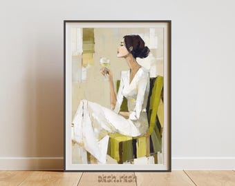 エレガントな女性のワインウォールアート（印刷可能）、ミニマリストファッションイラスト、モダンニュートラルウォールデコレーション、シックな女性ポートレート、デジタルダウンロード