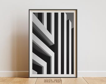 白黒幾何学模様のウォールアート（印刷可能）、モダンな抽象建築ライン、ミニマリスト風デジタルダウンロード、現代的な室内装飾