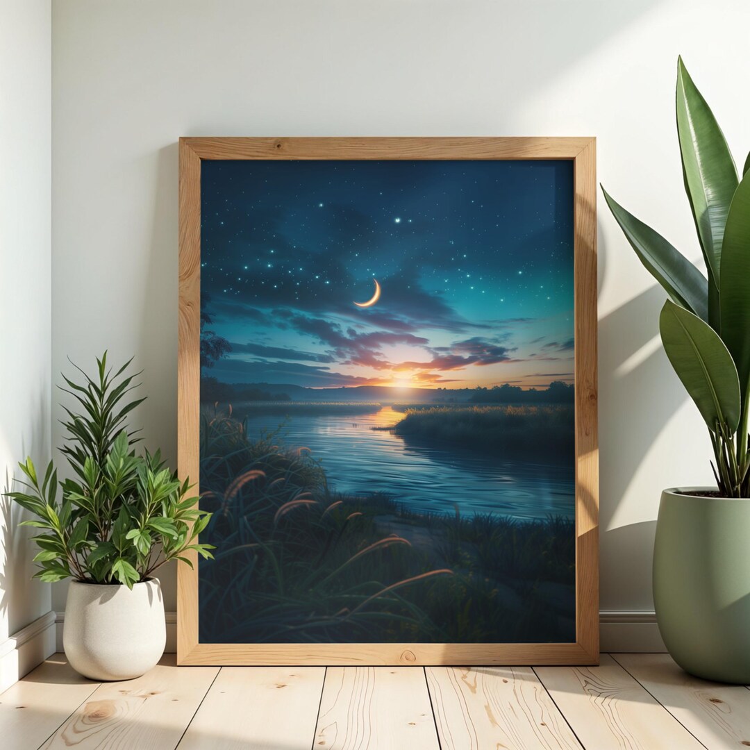 Crescent Moon River Landscape Wall Art – Serene Night Sky Digital ...