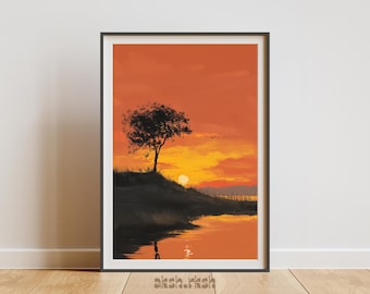 温かみのある夕焼け風景ウォールアート（印刷可能）、オレンジ色の自然アート、ミニマリストな木のシルエットポスター、モダンなデジタルダウンロード