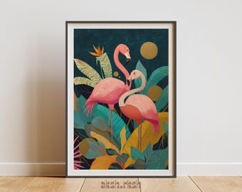 Rosa Flamingo Tropische Wand Kunst Druck, moderne botanische Vogel Illustration, bunte Dschungel-Dekor, Boho Wohnzimmer digitaler Download
