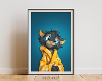 かわいい黒猫のウォールアート（印刷可能）、気まぐれな猫のイラスト、子供部屋の装飾、遊び心のある動物アート、すぐにダウンロード可能