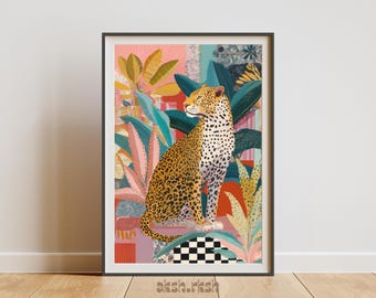 Colorful Leopard Wall Art Printable, Modern Jungle Animal Art, Bold Tropical Decor, Maximalist Botanical Illustration, Digital Download