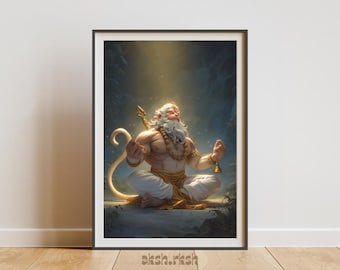 ハヌマーンの壁アート（印刷可能）、ヒンドゥー教の神瞑想アートワーク、スピリチュアルファンタジーイラスト、神聖なハヌマーンのポスター、ヨガ瞑想の装飾