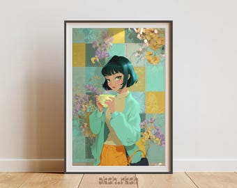 アニメガールのウォールアート（印刷可能）、美的女の子のイラスト、パステル調アニメポートレート、キュートなマンガ風アート、モダンな寝室の装飾