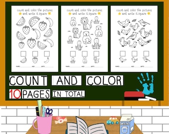 May include: Educational printable worksheets for kids. The worksheets feature black and white illustrations of fruits, animals, and birds, with space to count and write. The title "Count and Color" is displayed, along with the text "10 pages in total."
