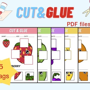 May include: A colorful educational printable activity with the text "CUT & GLUE" and "PDF files". The image shows five pages with fruit illustrations, scissors, glue, and the text "5 Pags".