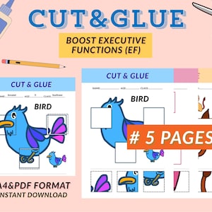 May include: A colorful educational worksheet with the text "CUT & GLUE" and "BOOST EXECUTIVE FUNCTIONS (EF)". The worksheet features a blue bird illustration with cut-out sections and the text "# 5 PAGES". Includes the text "A4&PDF FORMAT INSTANT DOWNLOAD".