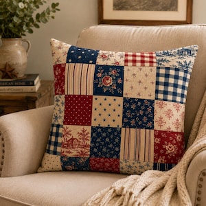 Americana Quilt Patchwork Faux Suede Square Pillowcase | Rustic Farmhouse Throw Pillow Cover