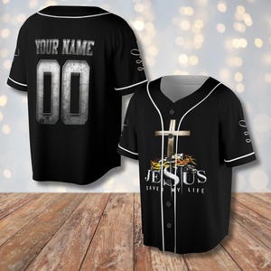 Custom Jesus Baseball Jersey, Save My Life Cross Shirt, Personalized Name Number, Black Button Front Christian Top, Faith Gift for Men Women