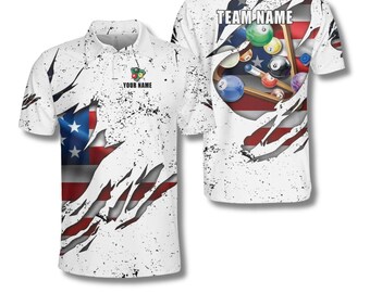Polo de billar personalizado, estampado 3D de la bandera de EE. UU., nombre de equipo personalizado.