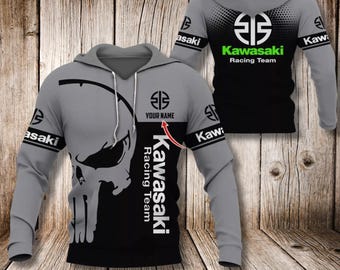 Benutzerdefinierter Name Kawasaki Racing Team Hoodie, grau schwarzer Schädel Grafik Biker Pullover, Moto Streetwear Geschenk für Fahrer, Unisex Warmes Fleece S - 5XL