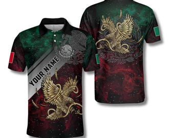 Polo mexicano personalizado con estampado 3D de la bandera mexicana y la azteca.