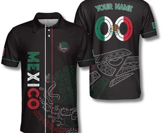 Polo mexicano personalizado, estampado 3D de la bandera azteca, nombre y número personalizados.