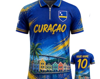 Curaçao poloshirt met rits eilandvlag lichtgewicht tropisch cadeau met 14 ritsen
