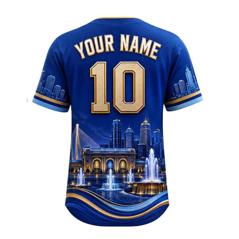 May include: A blue short-sleeved jersey featuring the text "YOUR NAME" and the number "10" in gold with white outlines. The back displays a detailed graphic of a city skyline at night with illuminated fountains and gold wave accents.