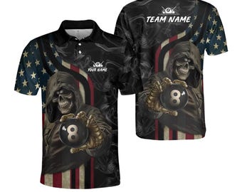 Polo de billar personalizado, estampado 3D de la bandera de EE. UU., bola 8, nombre de equipo personalizado.