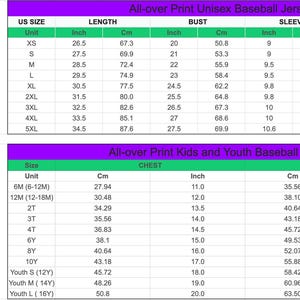 May include: A size chart for an all-over print baseball jersey, featuring two line-art illustrations of jerseys with labelled measurements for length, bust, sleeve, shoulder, and chest in both inches and centimetres for adult and youth sizes.