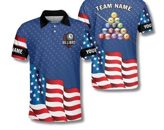 Polo de billar personalizado, estampado 3D de la bandera de EE. UU., nombre de equipo personalizado.