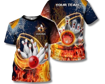 Camiseta personalizada 3D para equipo de bolos, bola y bolos Flameing Strike, personalizada
