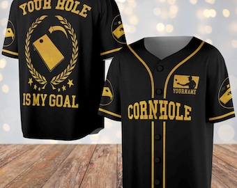 Custom Cornhole Jersey, Funny Team Uniform, Black Gold Button Front