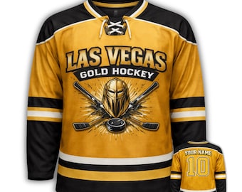 Camiseta de hockey Las Vegas Gold, nombre y número personalizados, camiseta con gráfico de caballero.
