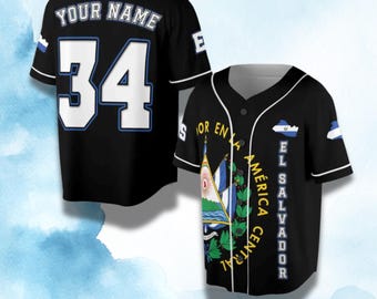 Camiseta de béisbol personalizada de El Salvador, con nombre y número personalizados y gráfico de mapa con escudo de la bandera negra.